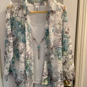 Alfred Dunner Sheer Lace Overlay Shirt in Aqua, Gray & Green